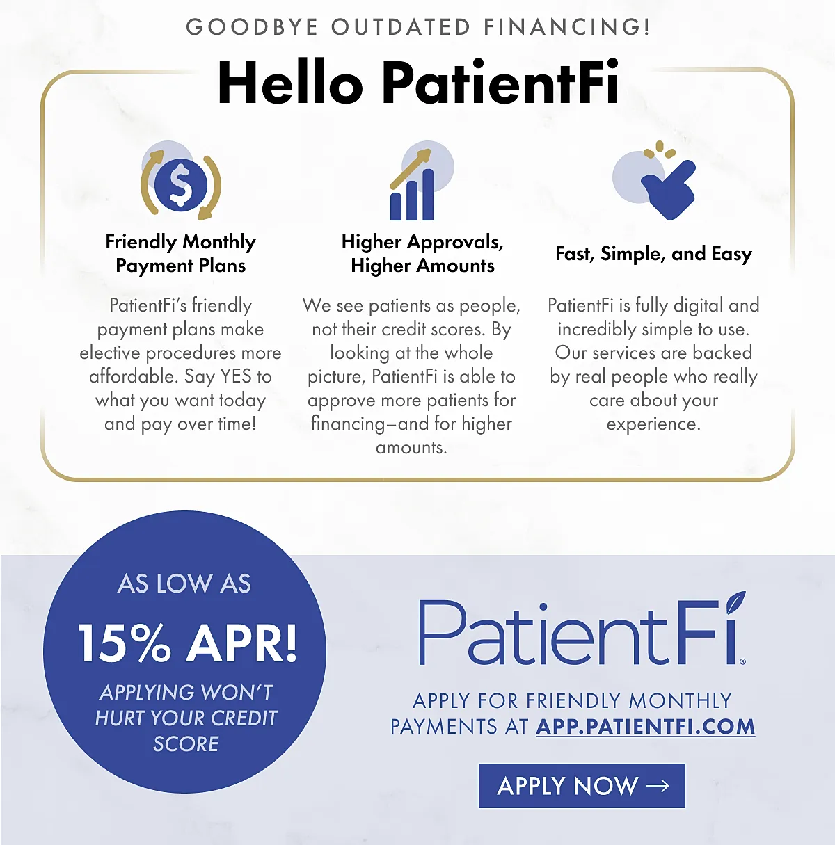 PatientFi financing advertisement with payment plan details.