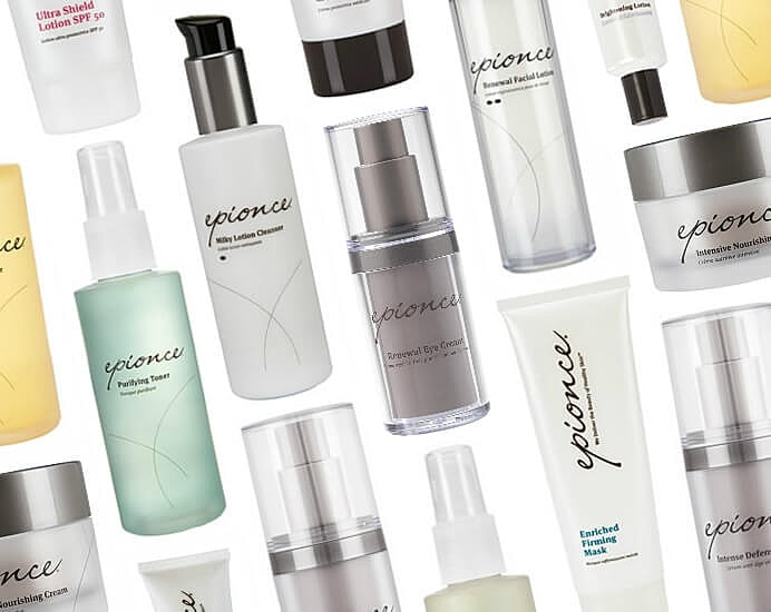 Various Epionce skincare products in different containers.