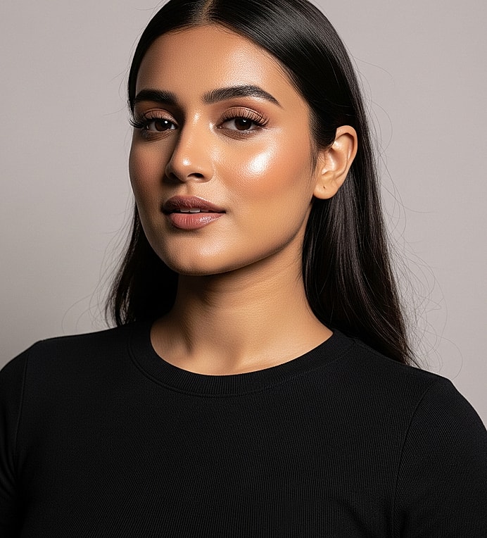 Female model with glowing skin and black shirt.