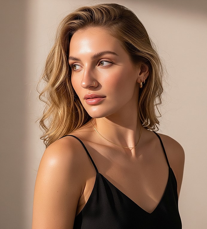 Woman with wavy hair in natural light.